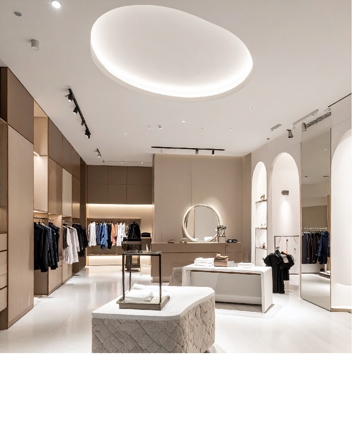 アパレルショップの什器デザイン｜素材感のあるディスプレイ什器が並ぶセレクトショップの内装