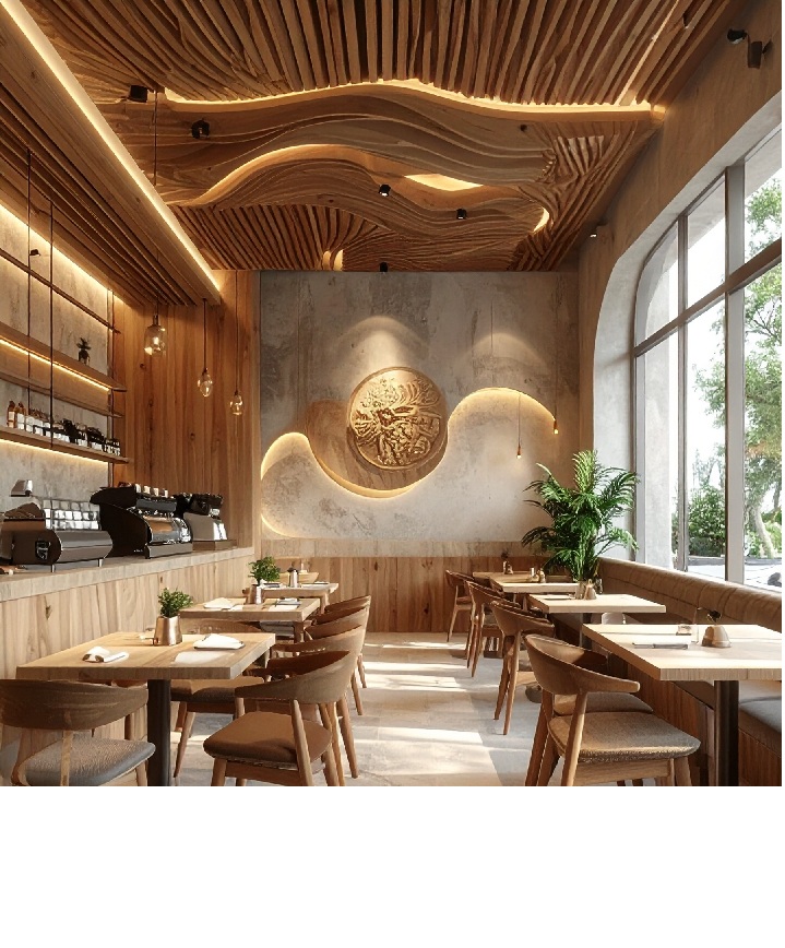 カフェ内装に使われる素材サンプル｜木目調・石目調の化粧板イメージ