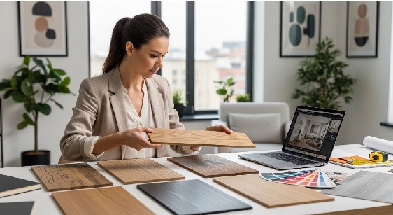 木目調パネルのテクスチャーサンプルを比較するインテリアデザイナー