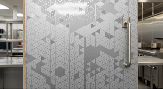 業務用キッチンの扉材に使用されたフライドラー社の化粧板サンプル