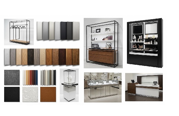 小売店の陳列什器に用いられる素材サンプルとショップ什器の展示イメージ