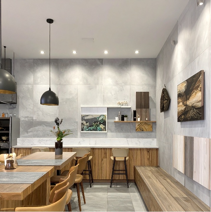 飲食店の内装材サンプル——カウンター・壁面・床材の素材比較イメージ