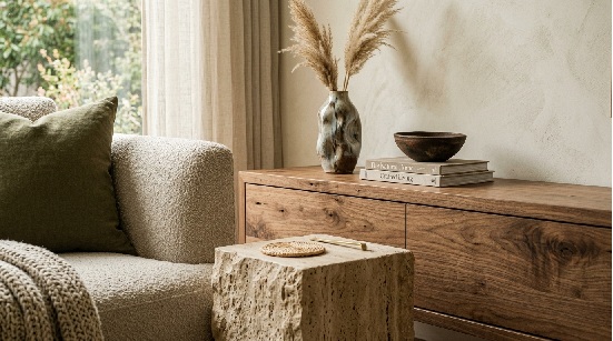 2026年インテリアトレンドを体現したナチュラルモダンなリビング空間と木目・石目素材のクローズアップ