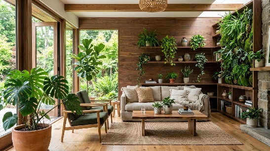 バイオフィリックデザインを取り入れたリビング空間——木目調の壁面と豊かな植栽が調和するインテリア