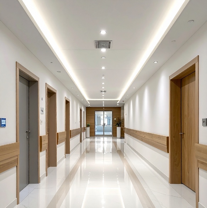 医療施設の廊下に施工された化粧板パネル。清潔感のある白系カラーと木目調を組み合わせた内装