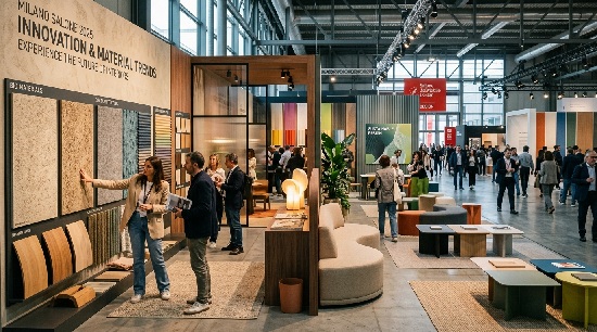 ミラノサローネ2025会場内の展示風景。最新インテリアデザインと素材トレンドを体感できる展示ブース。