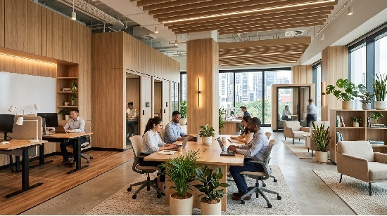ハイブリッドワーク時代のオフィスデザイン-木目調化粧板を使ったナチュラルモダンな執務空間