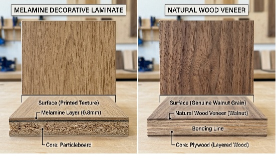メラミン化粧板と突板の断面・表面テクスチャを並べた比較イメージ