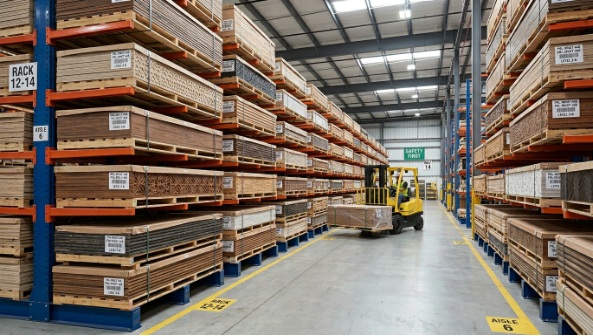 化粧板の適切な保管状態を示す倉庫内の風景