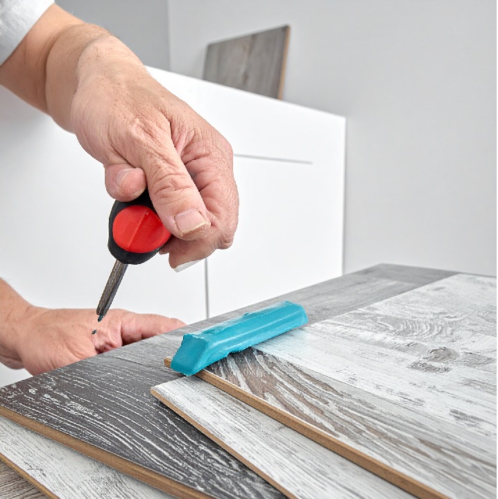 化粧板の接着施工イメージ｜接着剤の塗布と圧着作業