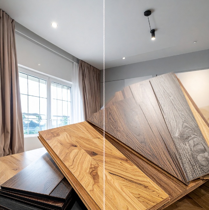 マットとグロス仕上げの化粧板サンプルを並べた比較イメージ