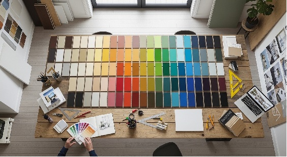 化粧板のカラーサンプルが並ぶデザイナーズスタジオの俯瞰イメージ