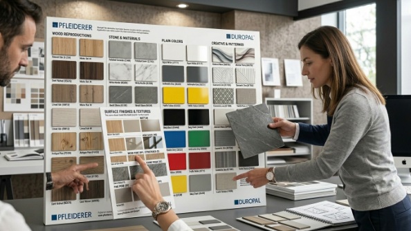 フライドラーの化粧板サンプル素材が並ぶシーン。木目やストーン調などのデコールを実物で確認している様子