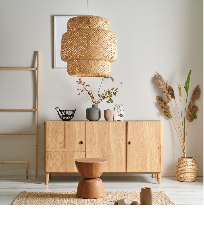 北欧インテリアのシンプルな家具にナチュラルテクスチャの表面材を使用した空間イメージ