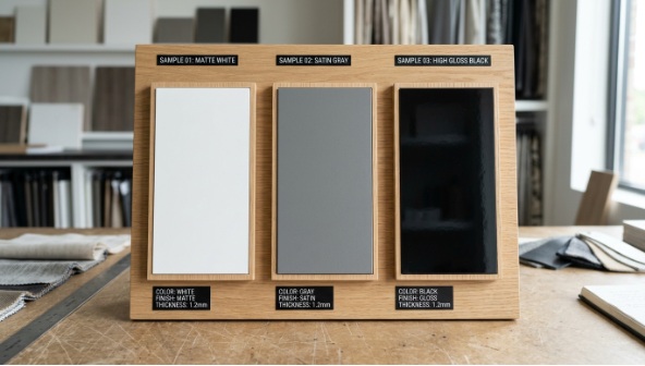 白・黒・グレーの単色化粧板サンプル並列比較