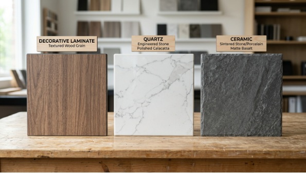 天板素材の比較｜化粧板・クォーツ・セラミックのサンプル並べ