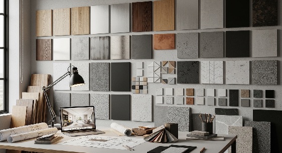 素材の質感が空間の印象を決める——テクスチャの異なるパネルサンプルを並べたデザイナーのワークスペース