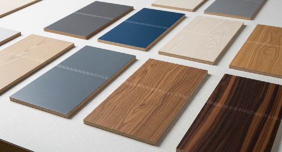 耐傷性の高い化粧板のサンプル。マット系・木目エンボス系など複数のテクスチャが並ぶ