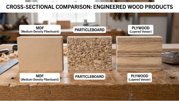 MDF・パーティクルボード・合板の断面比較イメージ
