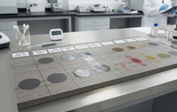 化粧板の耐薬品性試験の様子と薬品による表面変化の比較